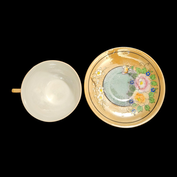 Vintage Made in Japan Peach Lustre Floral Teacup & Saucer Set of 3 - Picture 5 of 7